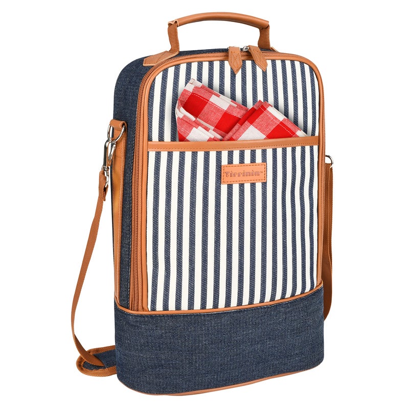 Tirrinia Insulated 2 Bottle Wine Gift Tote Bag - Tumbler Glass Cooler Carrier for BYOB Restaurants  Tasting  Travel  Park  Beach - Great Wine Lover Gift  Denim Stripe - Image 1